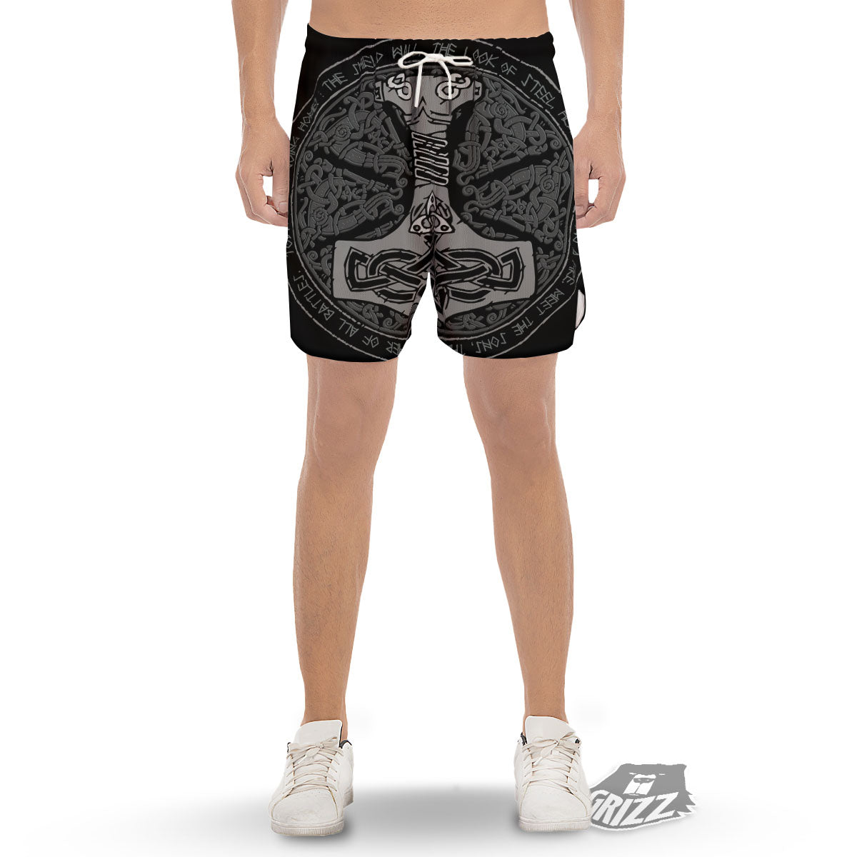 Runes Scandinavian And Mjolnir Print Men's Gym Shorts-grizzshop