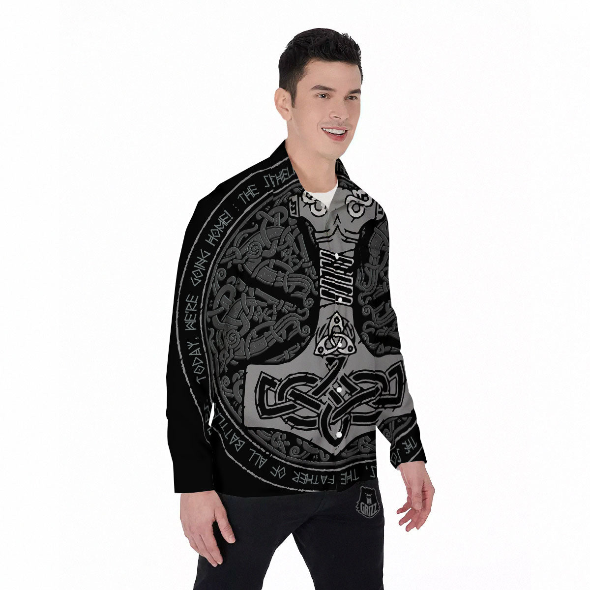 Runes Scandinavian And Mjolnir Print Men's Long Sleeve Shirts-grizzshop