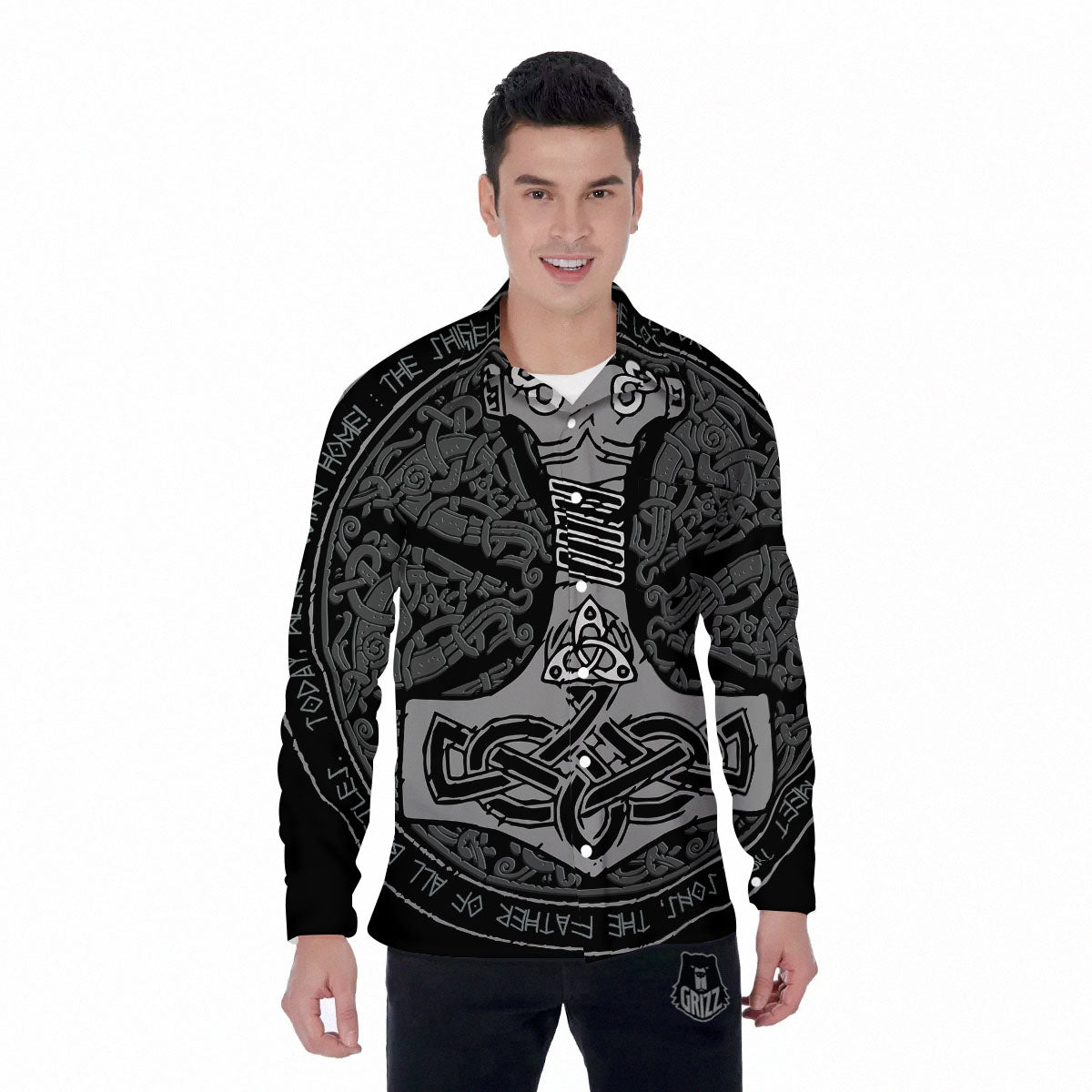 Runes Scandinavian And Mjolnir Print Men's Long Sleeve Shirts-grizzshop