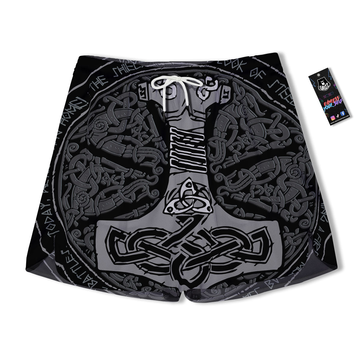 Runes Scandinavian And Mjolnir Print Men's Running Shorts-grizzshop
