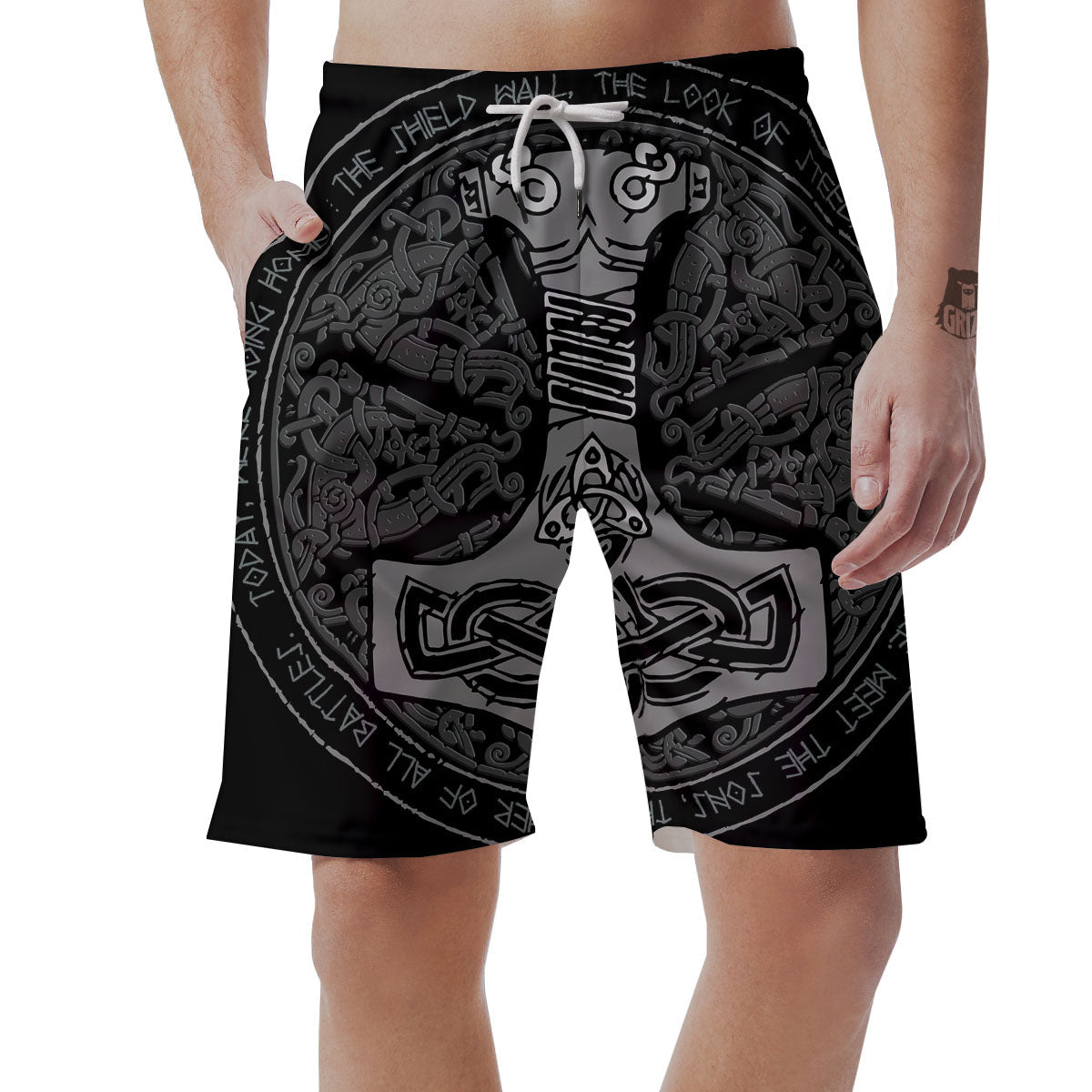 Runes Scandinavian And Mjolnir Print Men's Shorts-grizzshop