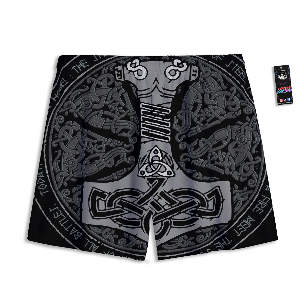 Runes Scandinavian And Mjolnir Print Mesh Shorts