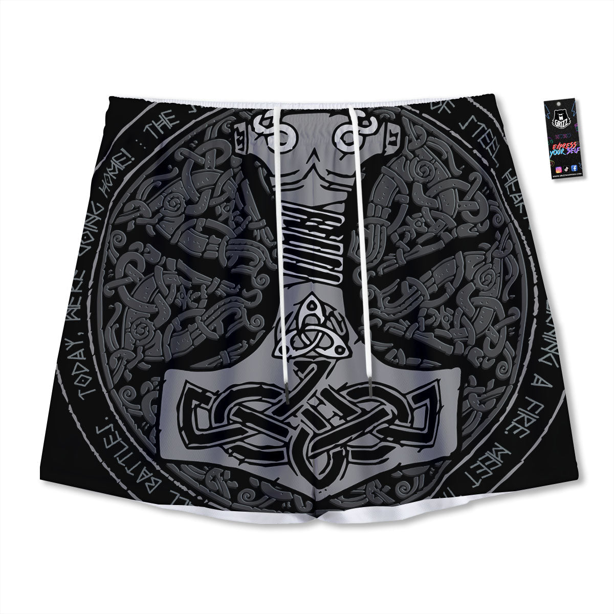 Runes Scandinavian And Mjolnir Print Mesh Shorts