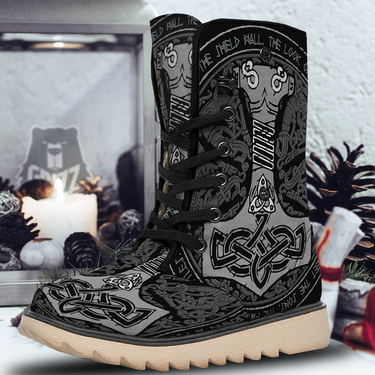 Runes Scandinavian And Mjolnir Print Snow Boots-grizzshop