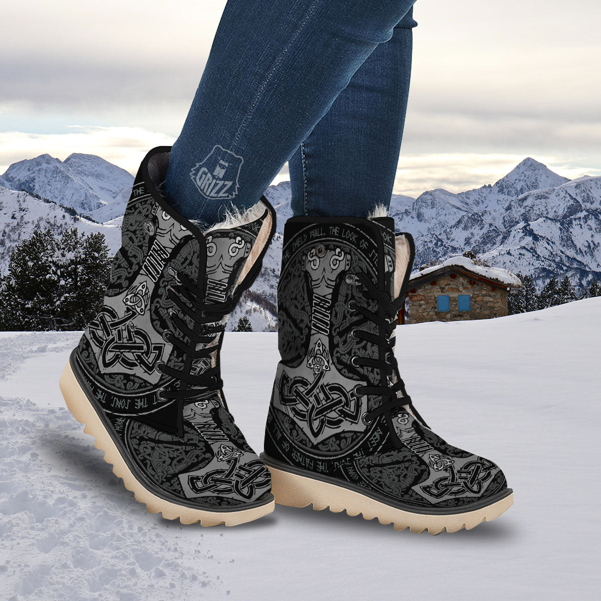 Runes Scandinavian And Mjolnir Print Snow Boots-grizzshop
