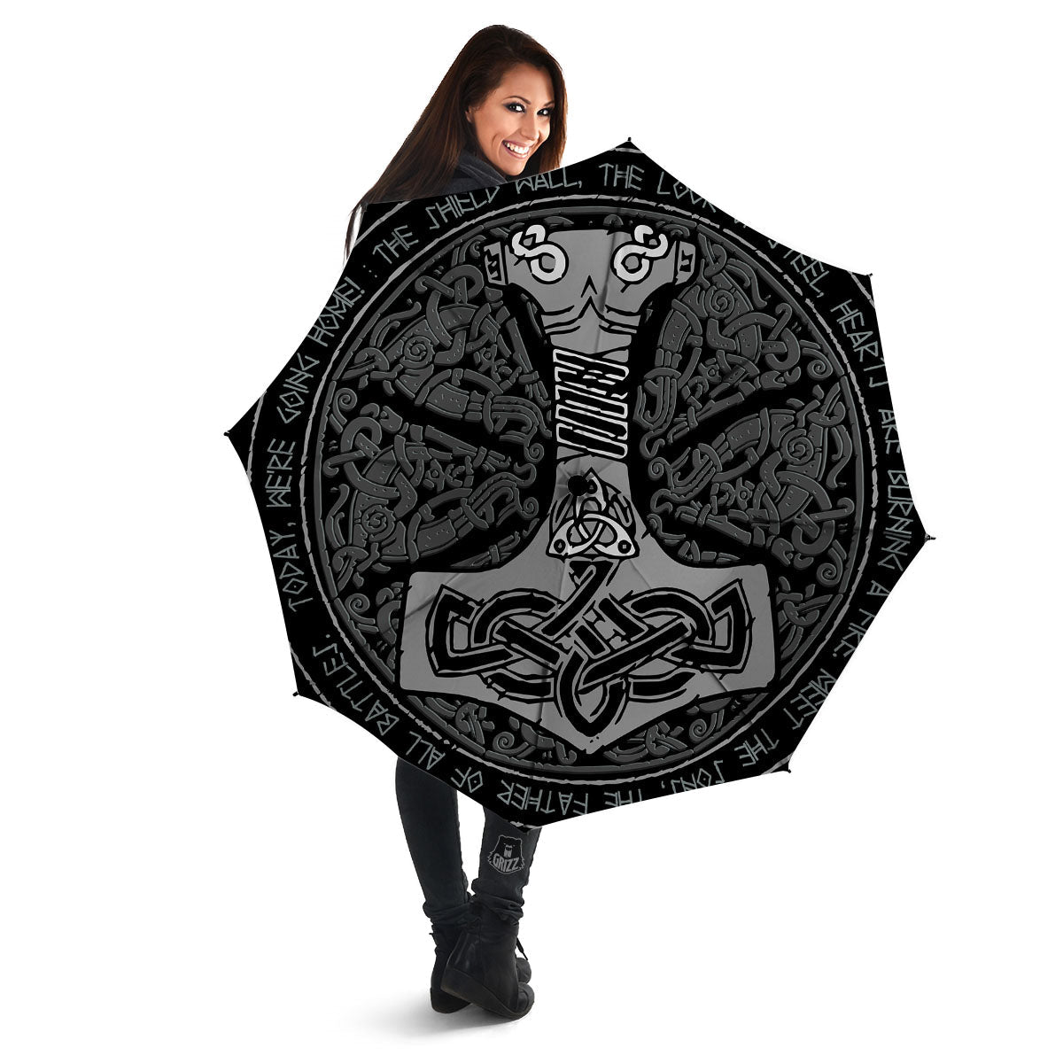 Runes Scandinavian And Mjolnir Print Umbrella-grizzshop