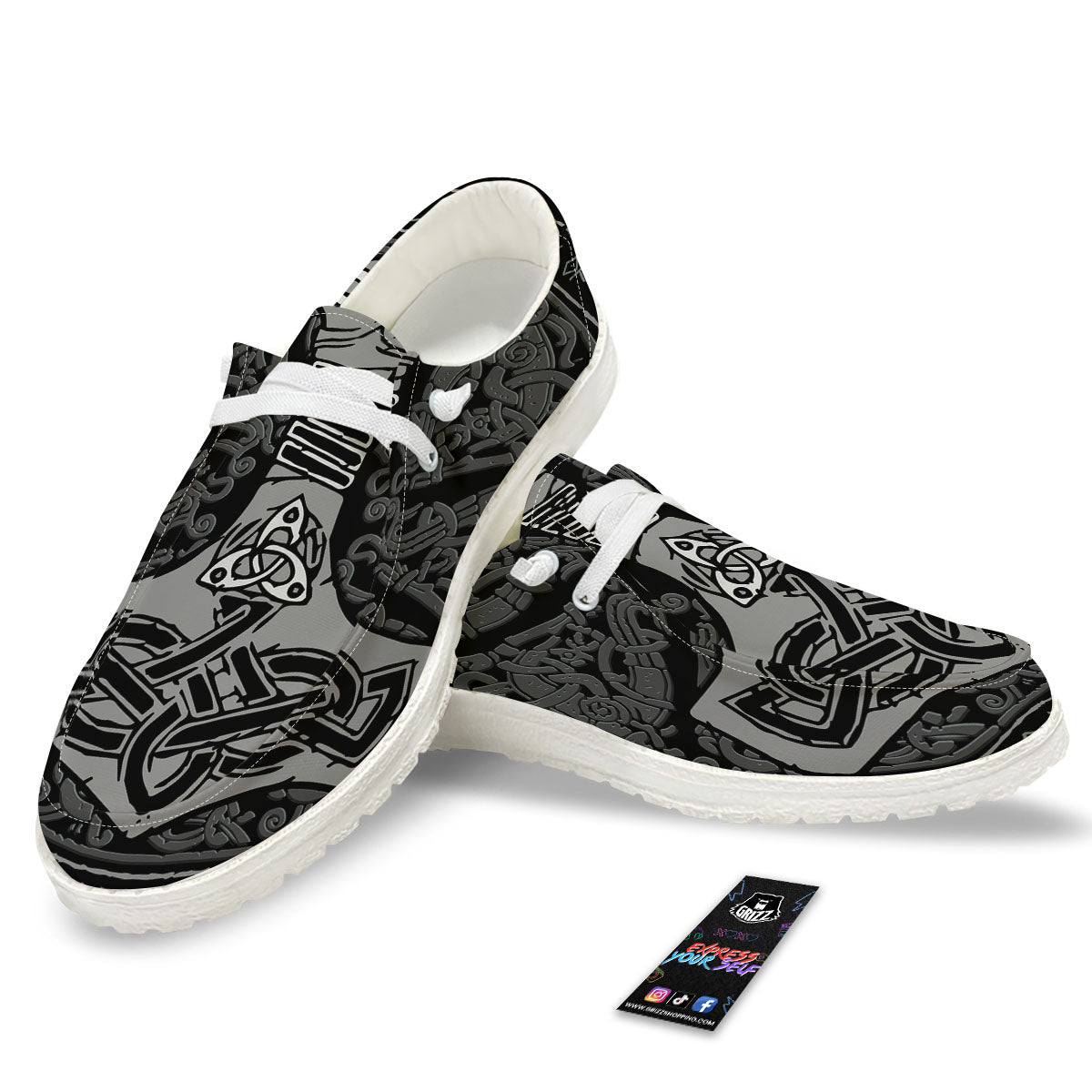 Runes Scandinavian And Mjolnir Print White Loafers-grizzshop