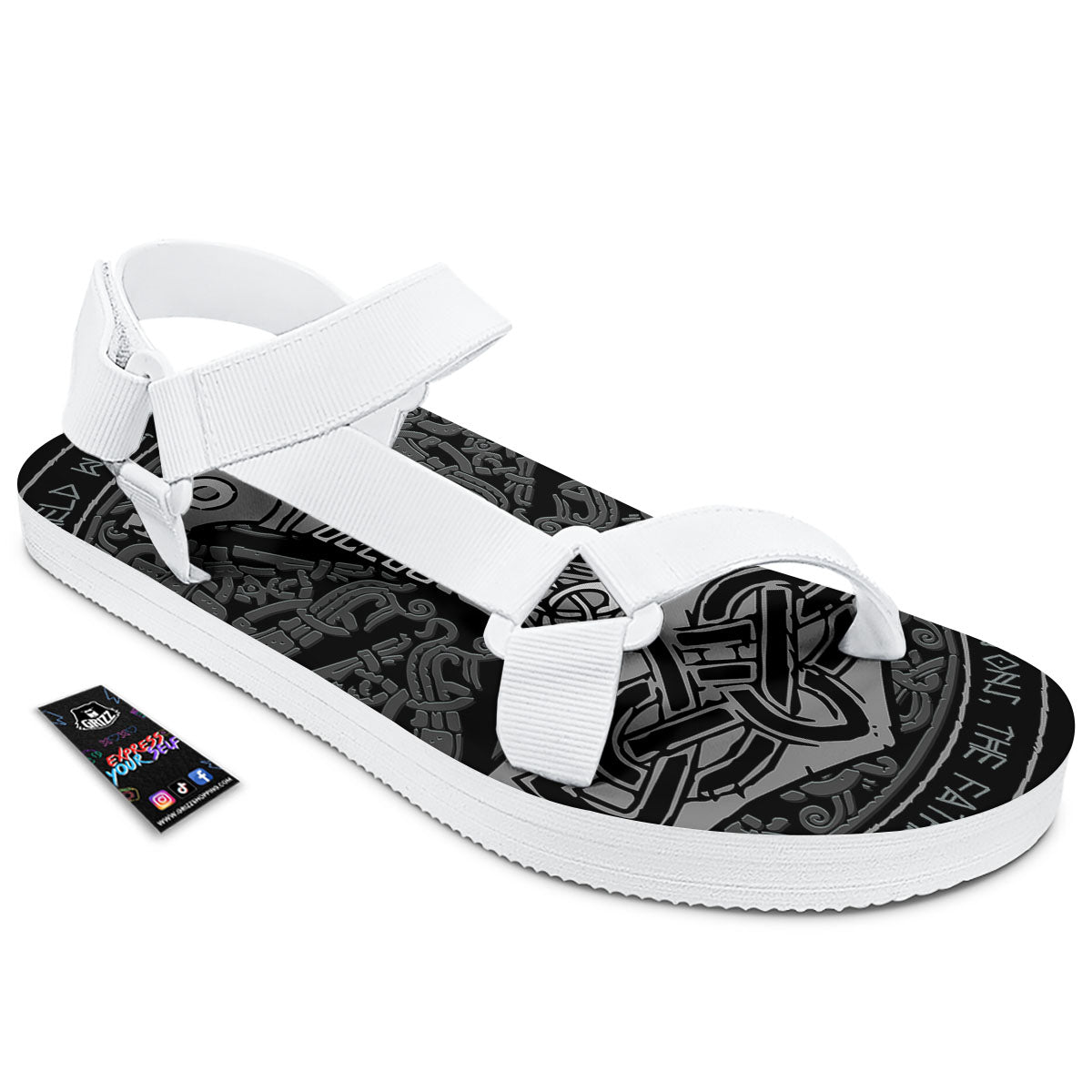 Runes Scandinavian And Mjolnir Print White Open Toe Sandals-grizzshop