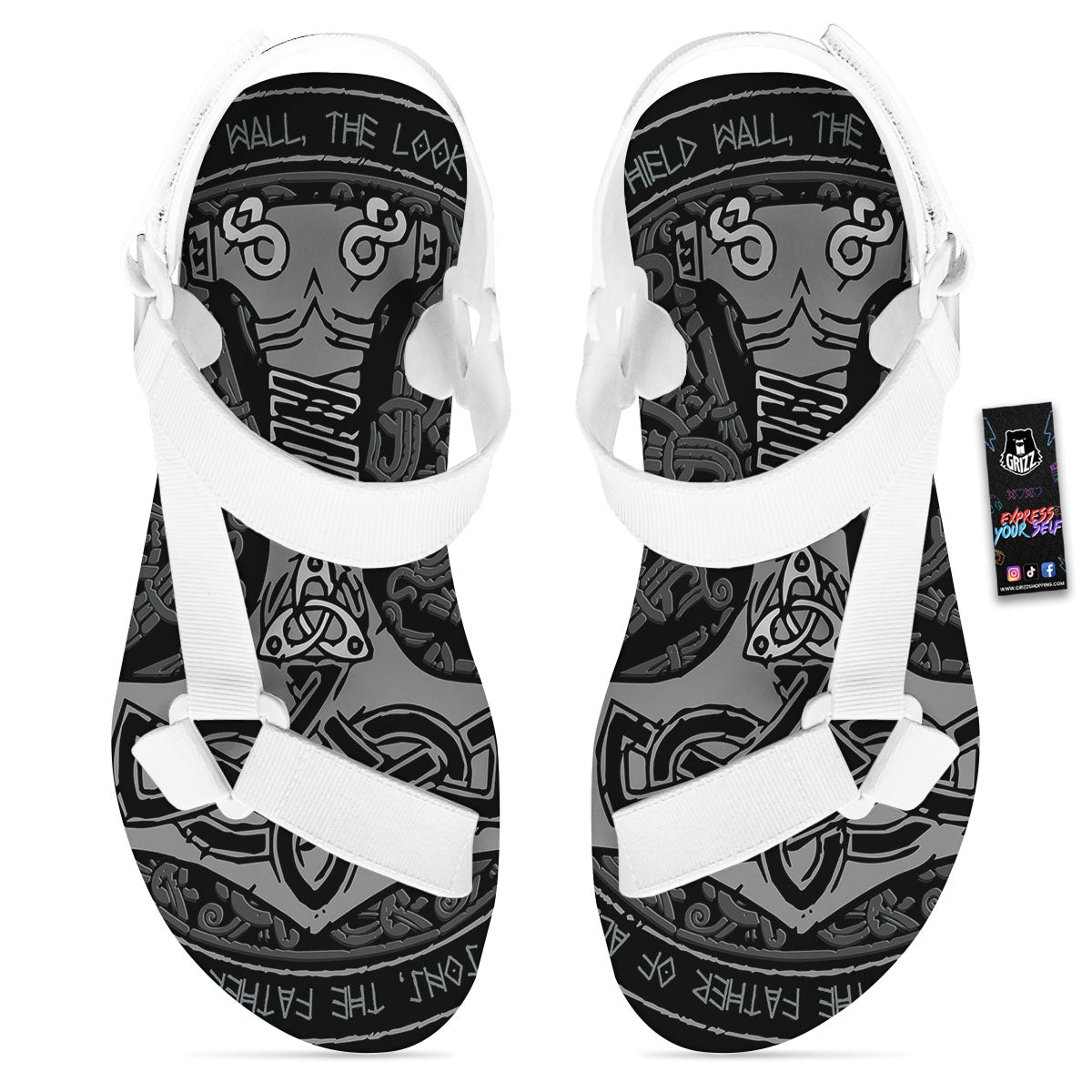Runes Scandinavian And Mjolnir Print White Open Toe Sandals-grizzshop