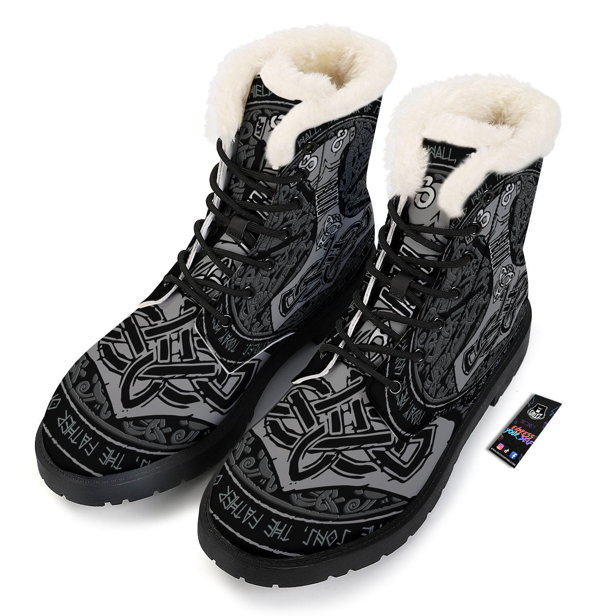 Runes Scandinavian And Mjolnir Print Winter Boots-grizzshop