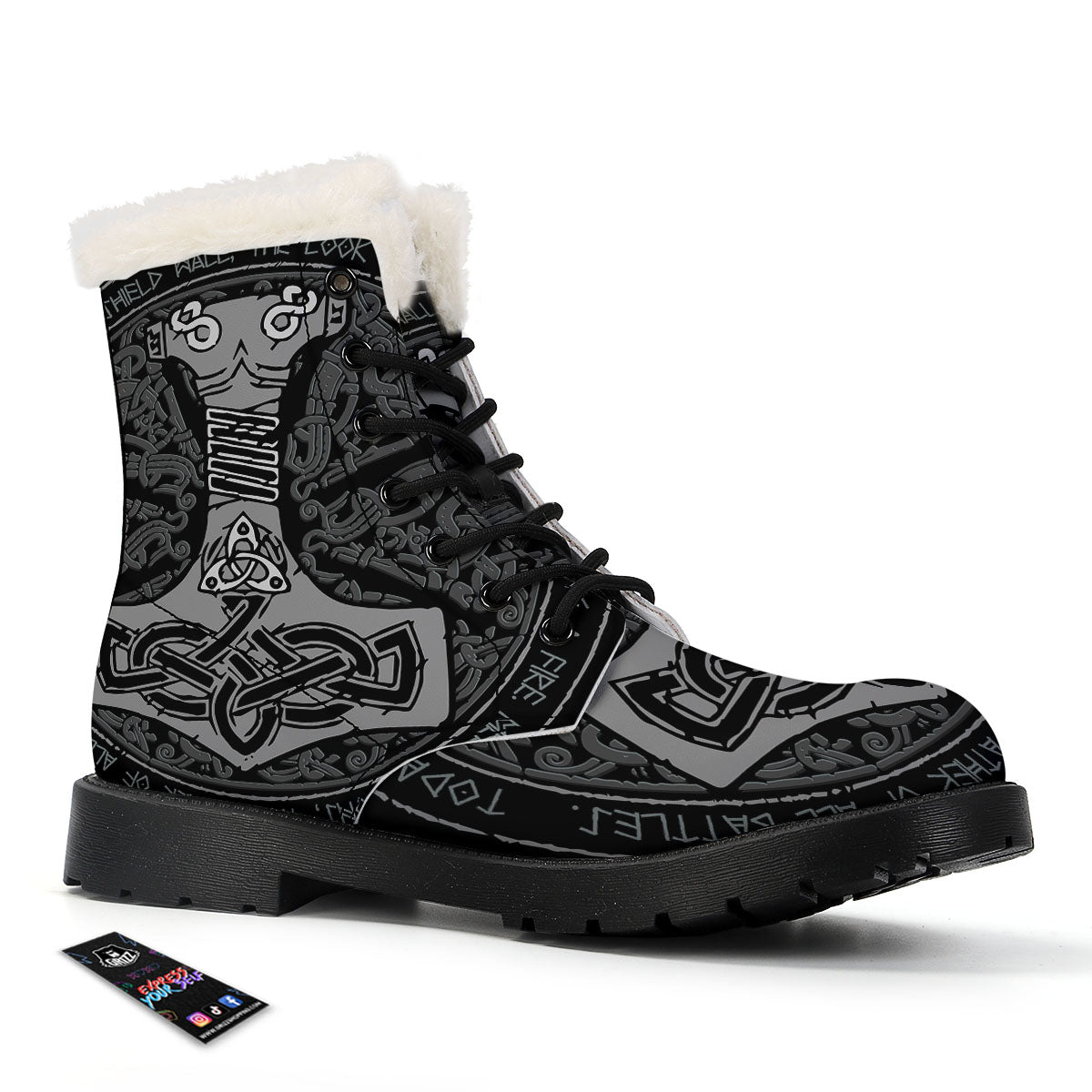 Runes Scandinavian And Mjolnir Print Winter Boots-grizzshop