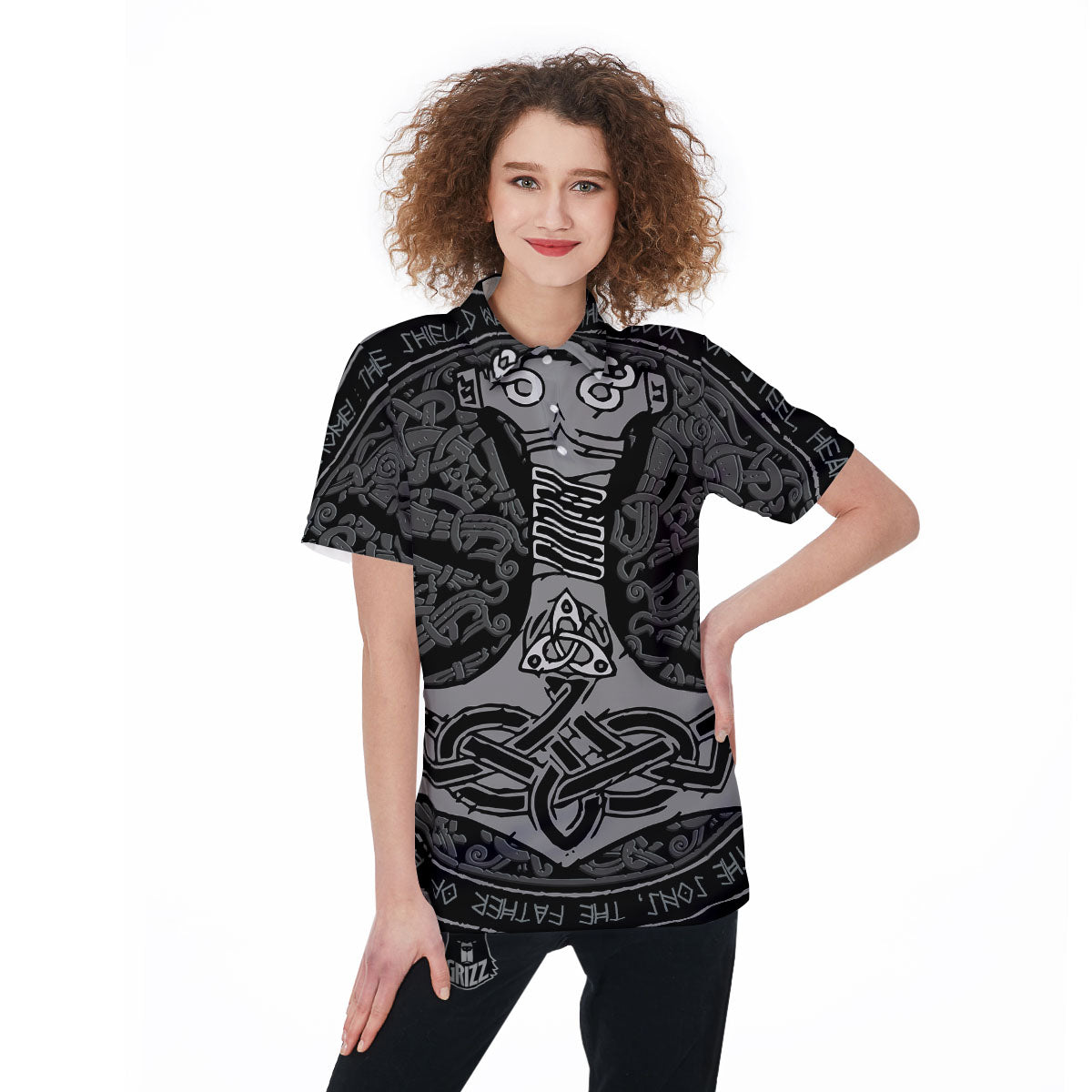 Runes Scandinavian And Mjolnir Print Women's Golf Shirts-grizzshop