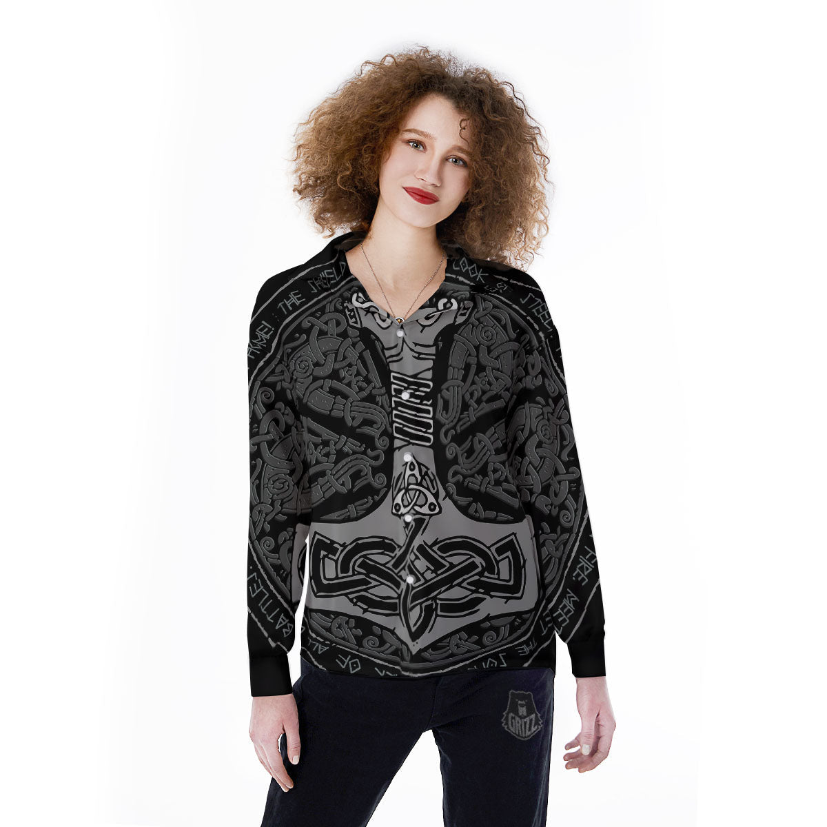 Runes Scandinavian And Mjolnir Print Women's Long Sleeve Shirts-grizzshop