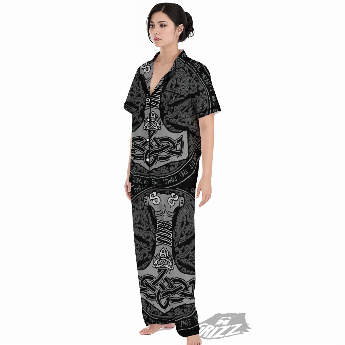 Runes Scandinavian And Mjolnir Print Women's Pajamas Set-grizzshop