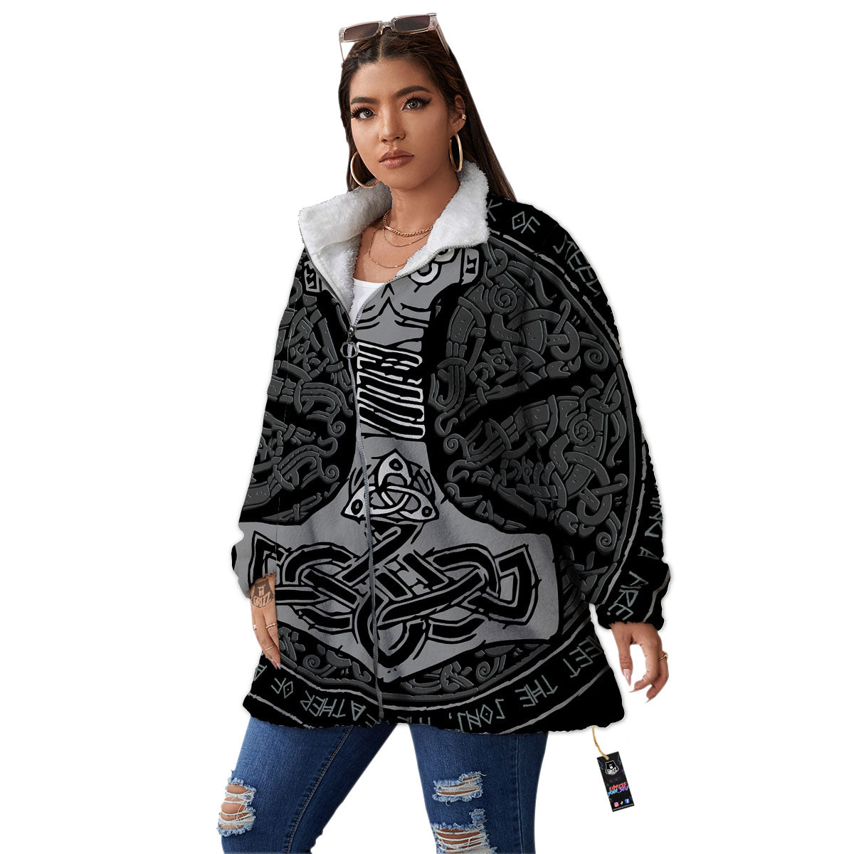 Runes Scandinavian And Mjolnir Print Women's Sherpa Jacket-grizzshop