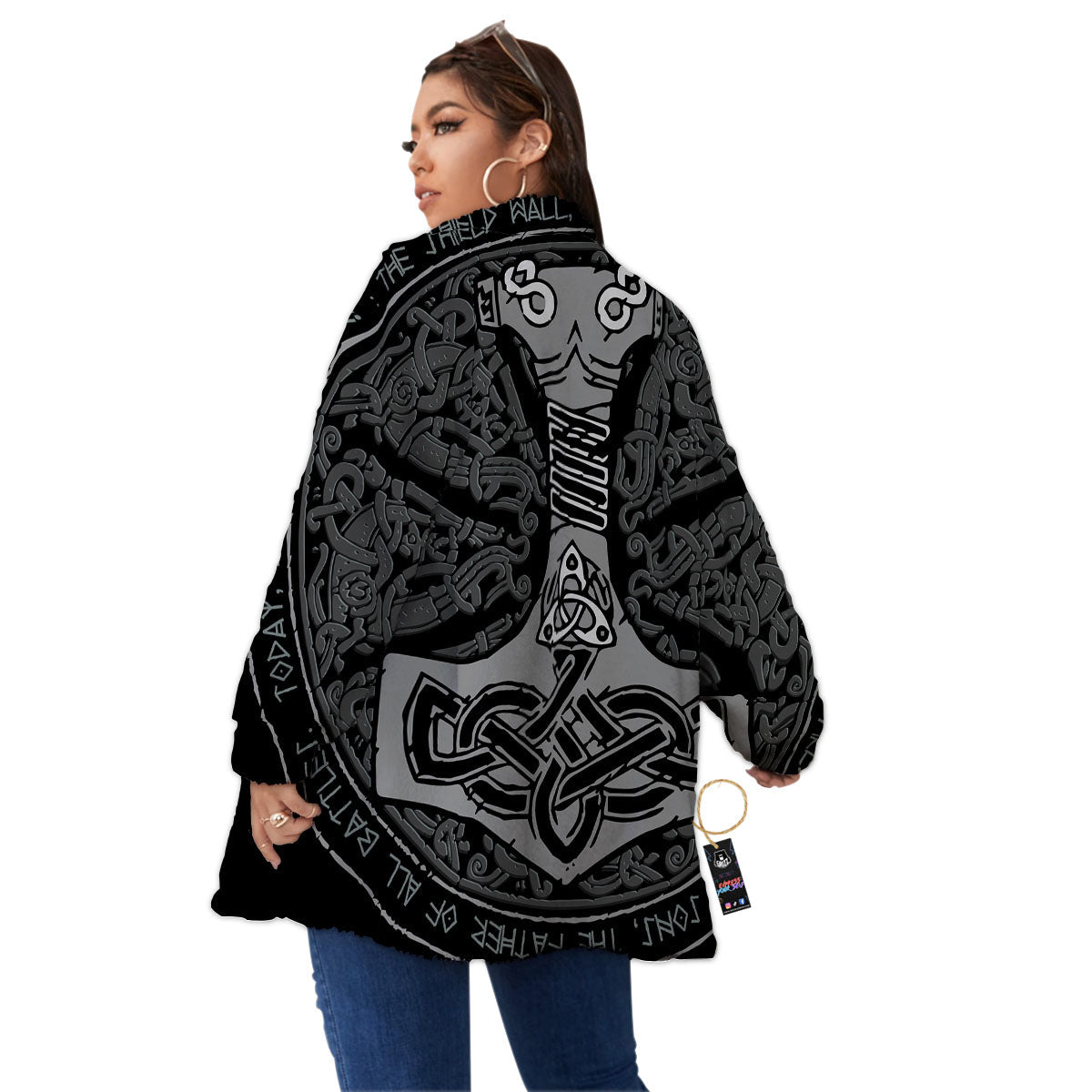 Runes Scandinavian And Mjolnir Print Women's Sherpa Jacket-grizzshop