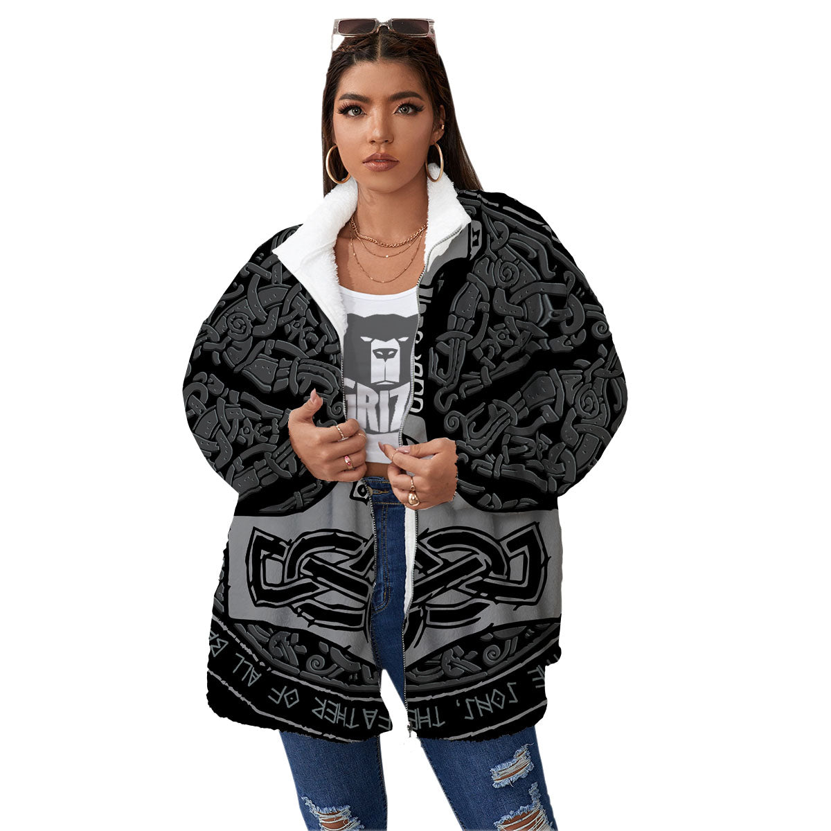 Runes Scandinavian And Mjolnir Print Women's Sherpa Jacket-grizzshop