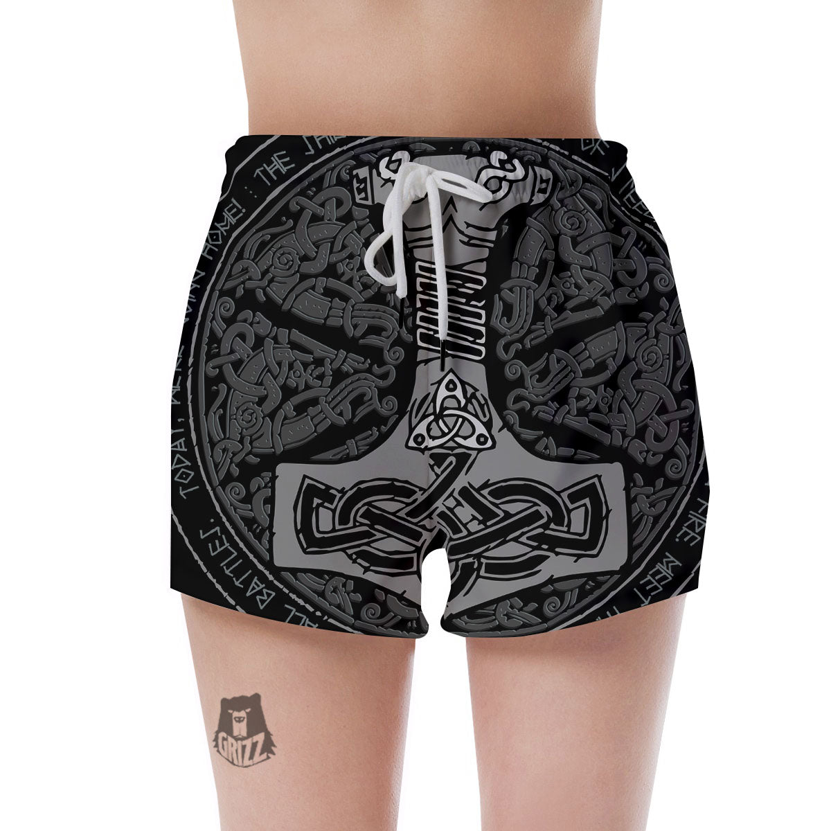 Runes Scandinavian And Mjolnir Print Women's Shorts-grizzshop