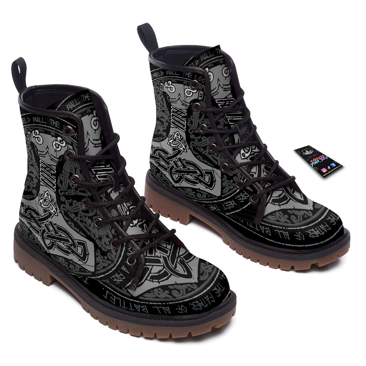 Runes Scandinavian And Mjolnir Print Work Boots-grizzshop