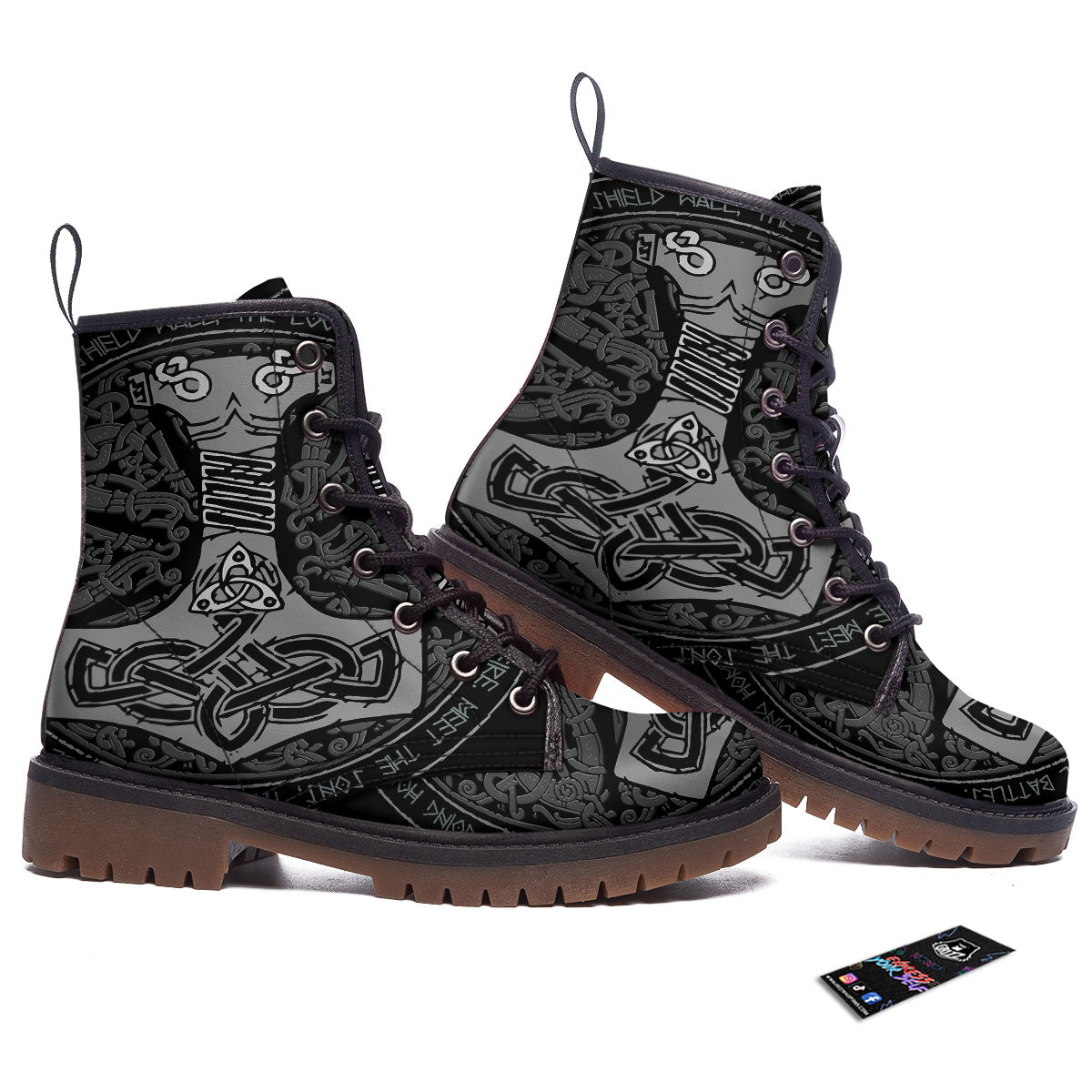 Runes Scandinavian And Mjolnir Print Work Boots-grizzshop