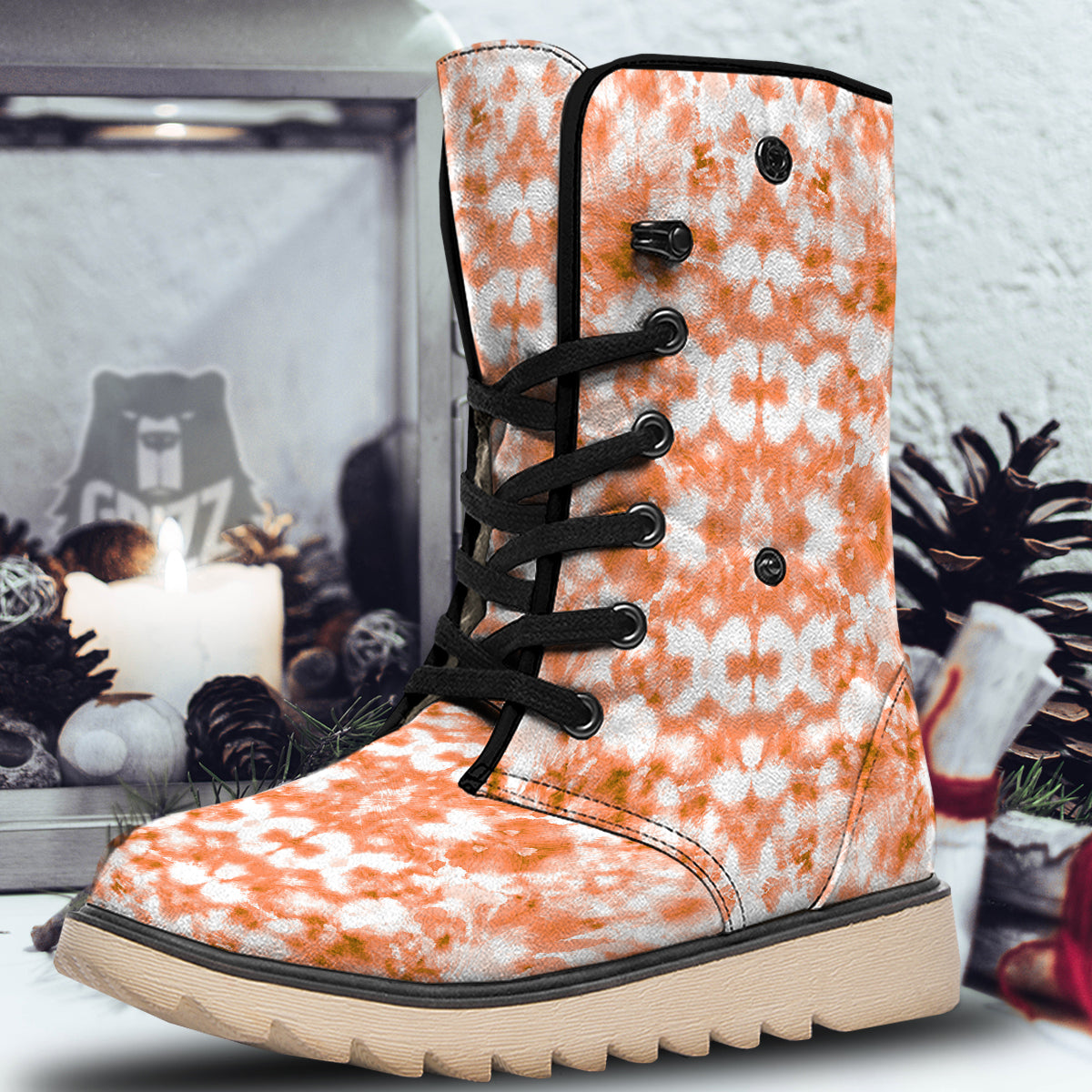 Rusty Tie Dye Orange Watercolor Print Snow Boots-grizzshop