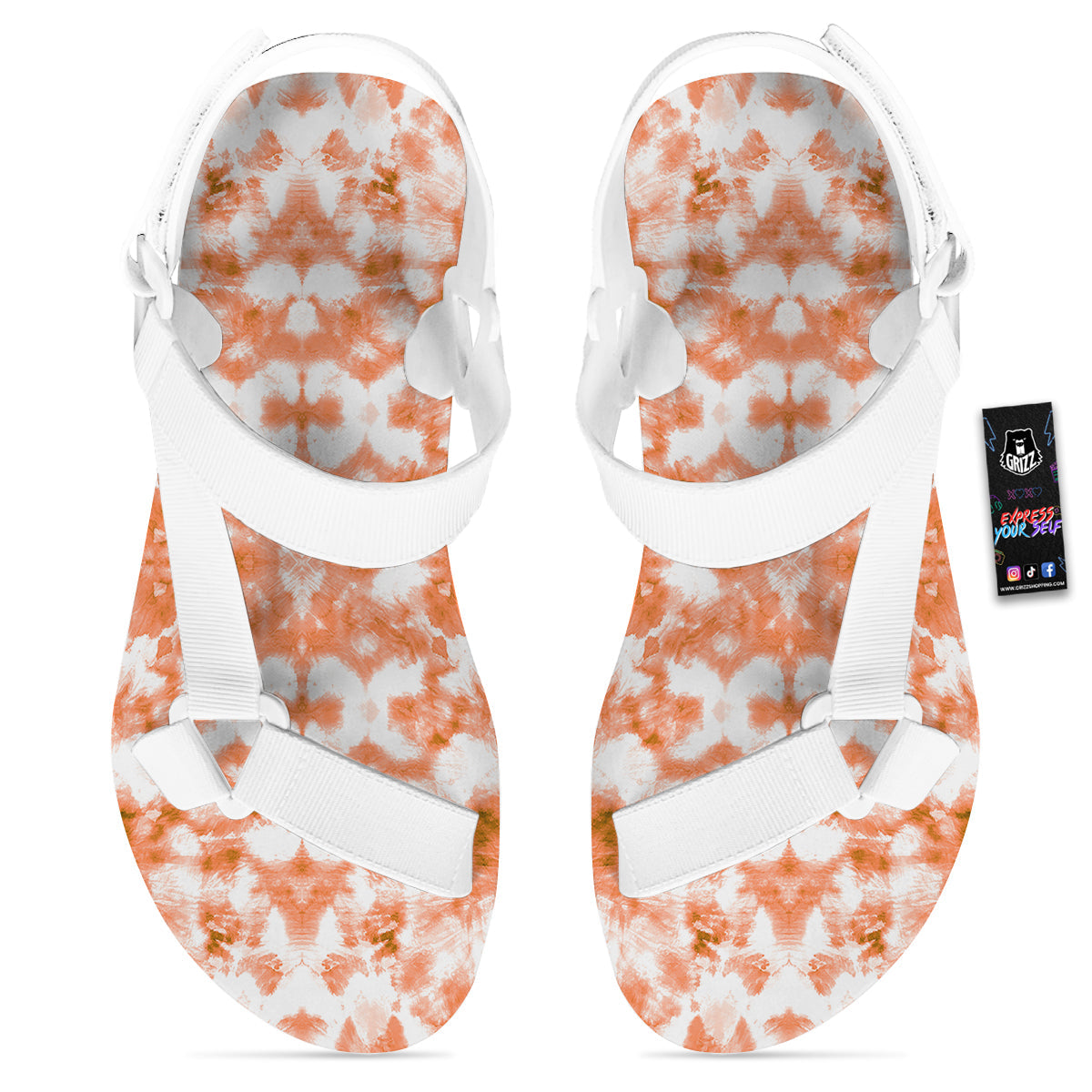 Rusty Tie Dye Orange Watercolor Print White Open Toe Sandals-grizzshop