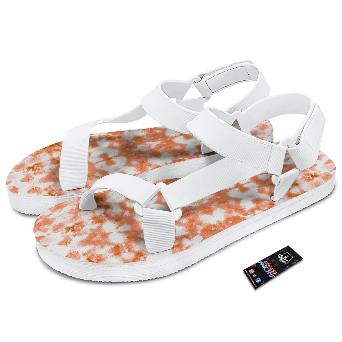 Rusty Tie Dye Orange Watercolor Print White Open Toe Sandals-grizzshop