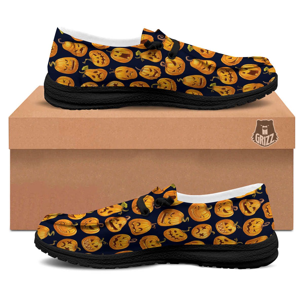 Sacry Halloween Pumpkins Print Pattern Black Loafers-grizzshop