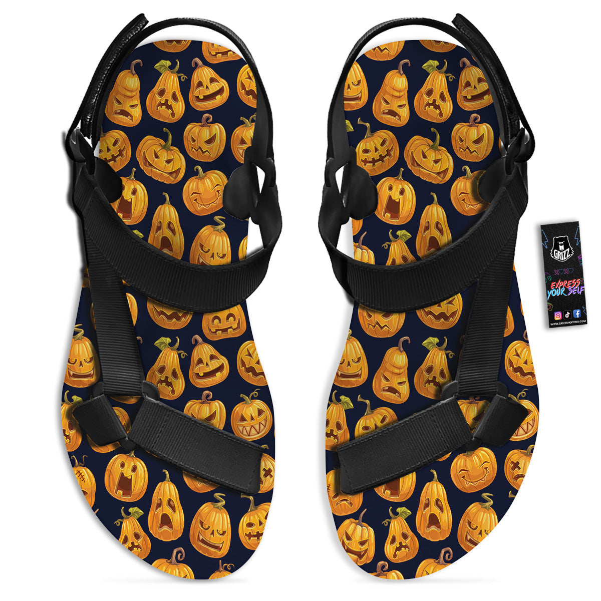 Sacry Halloween Pumpkins Print Pattern Black Open Toe Sandals-grizzshop