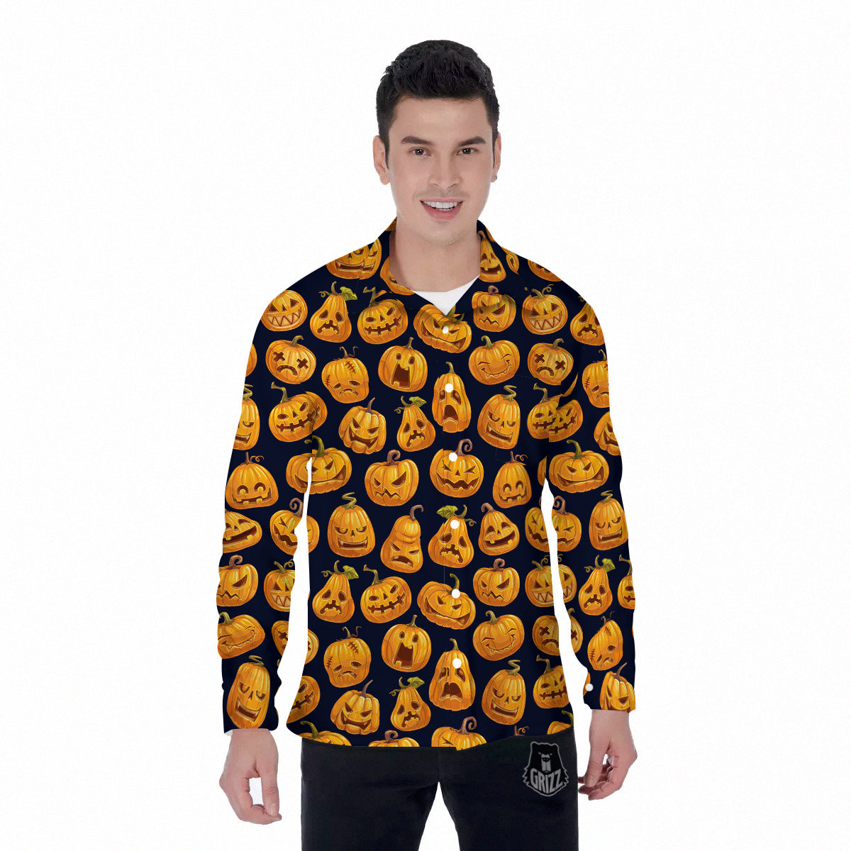 Sacry Halloween Pumpkins Print Pattern Men's Long Sleeve Shirts-grizzshop