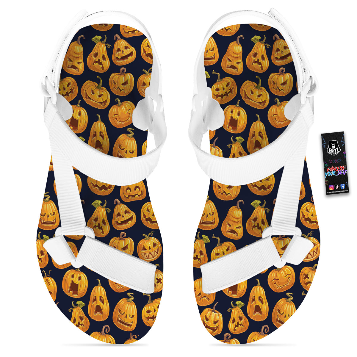 Sacry Halloween Pumpkins Print Pattern White Open Toe Sandals-grizzshop