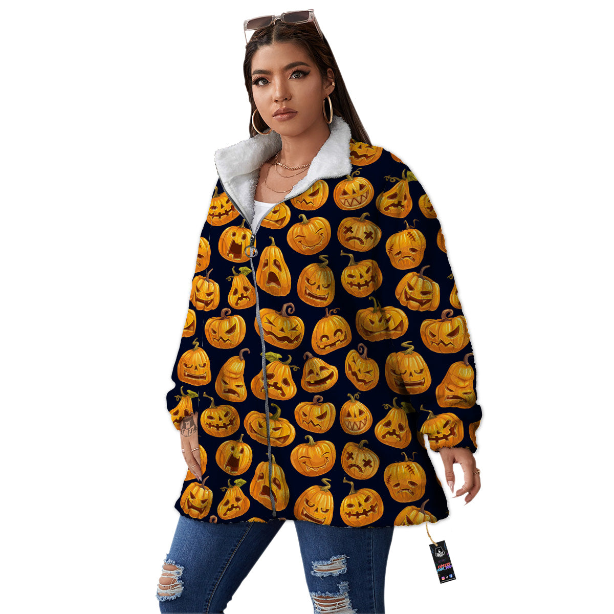 Sacry Halloween Pumpkins Print Pattern Women's Sherpa Jacket-grizzshop