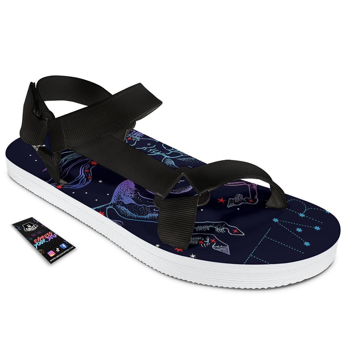 Sagittarius Constellation Sign Print Black Open Toe Sandals-grizzshop