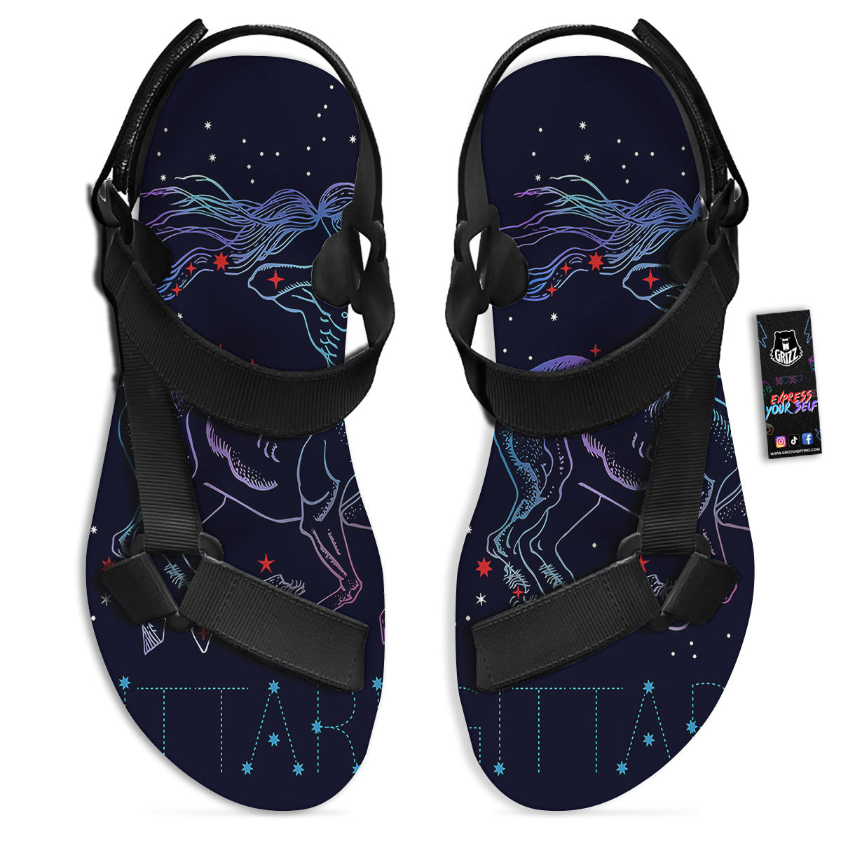 Sagittarius Constellation Sign Print Black Open Toe Sandals-grizzshop