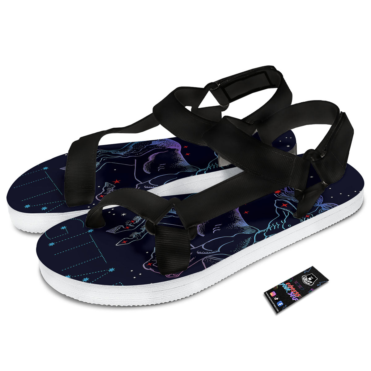 Sagittarius Constellation Sign Print Black Open Toe Sandals-grizzshop