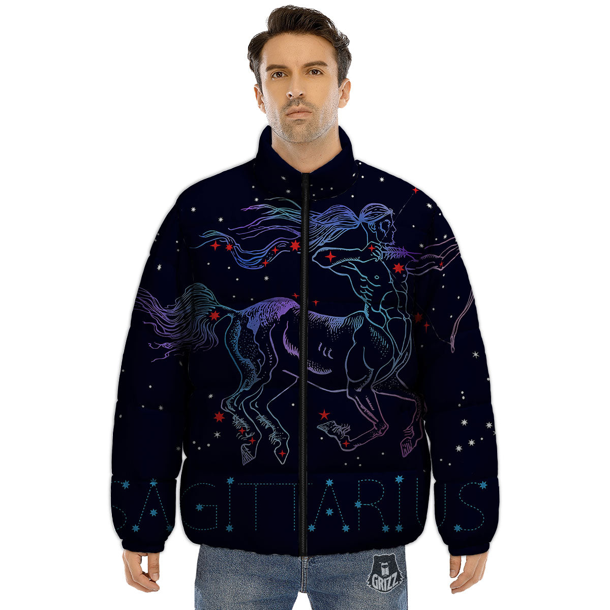 Sagittarius Constellation Sign Print Puffer Jacket-grizzshop