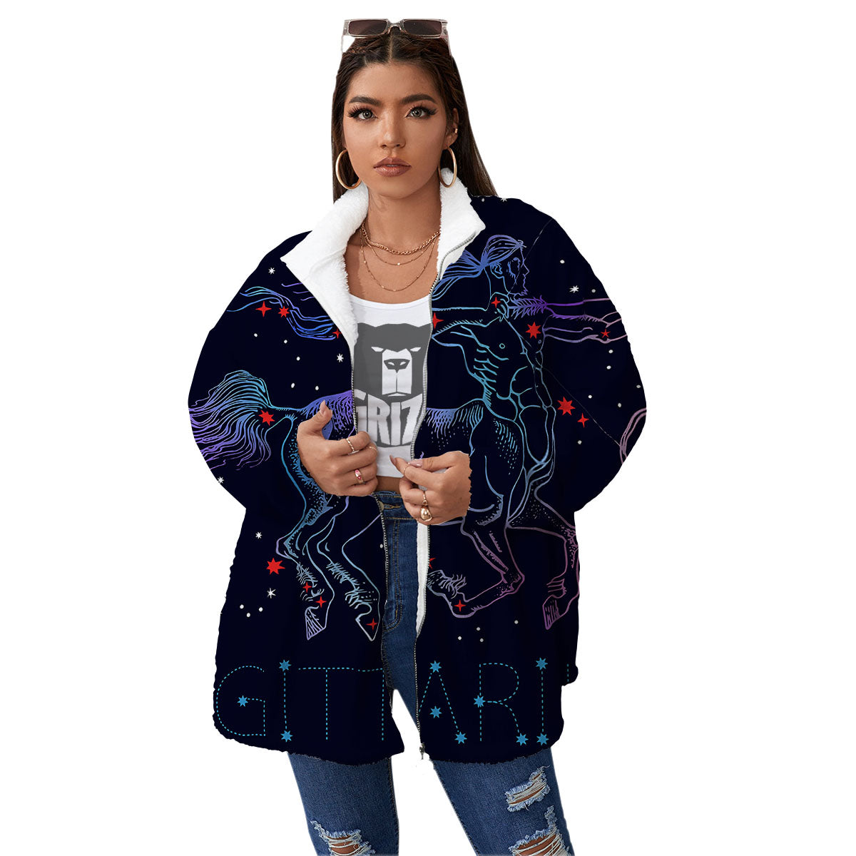 Sagittarius Constellation Sign Print Women's Sherpa Jacket-grizzshop