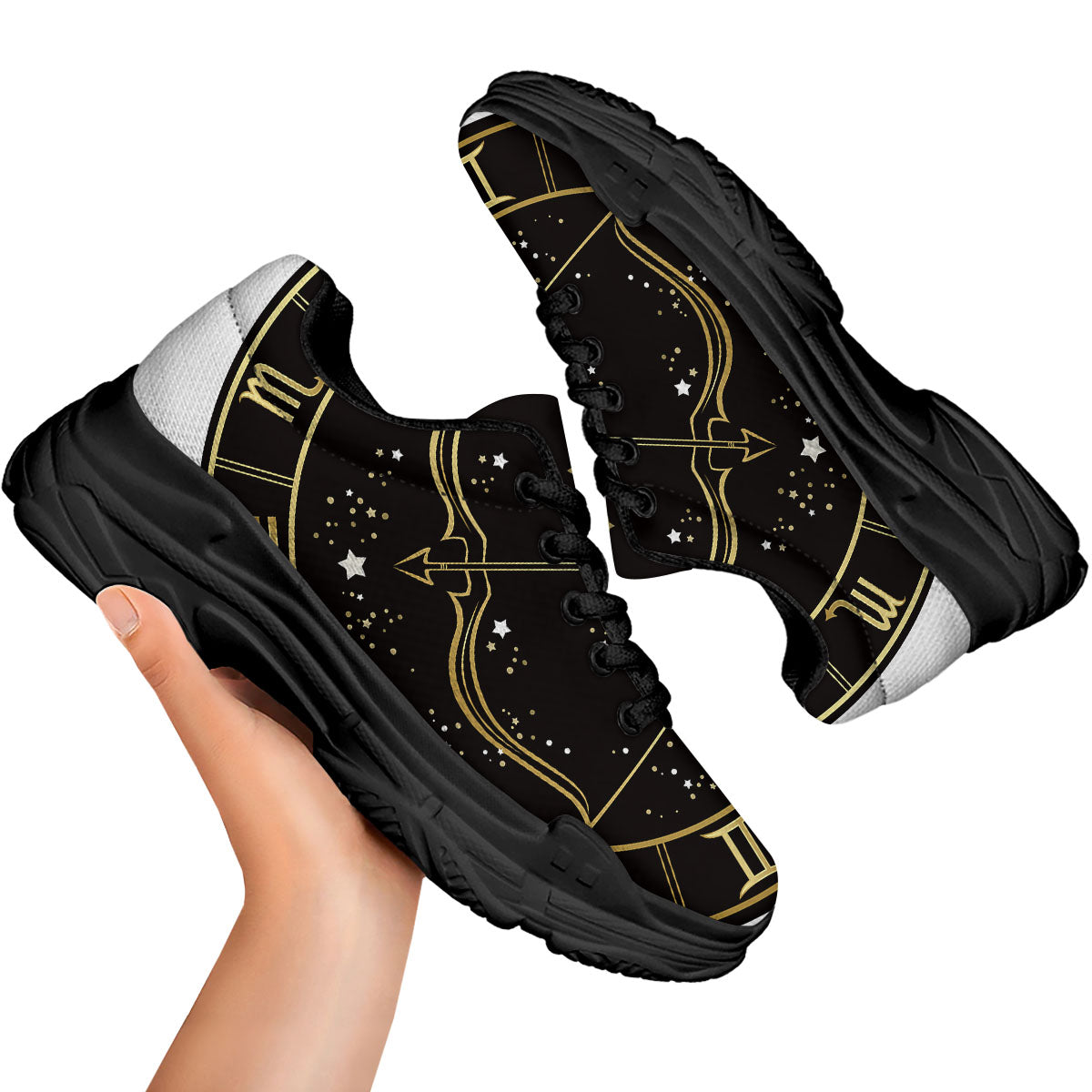 Sagittarius Sign Black And Gold Print Black Chunky Shoes-grizzshop