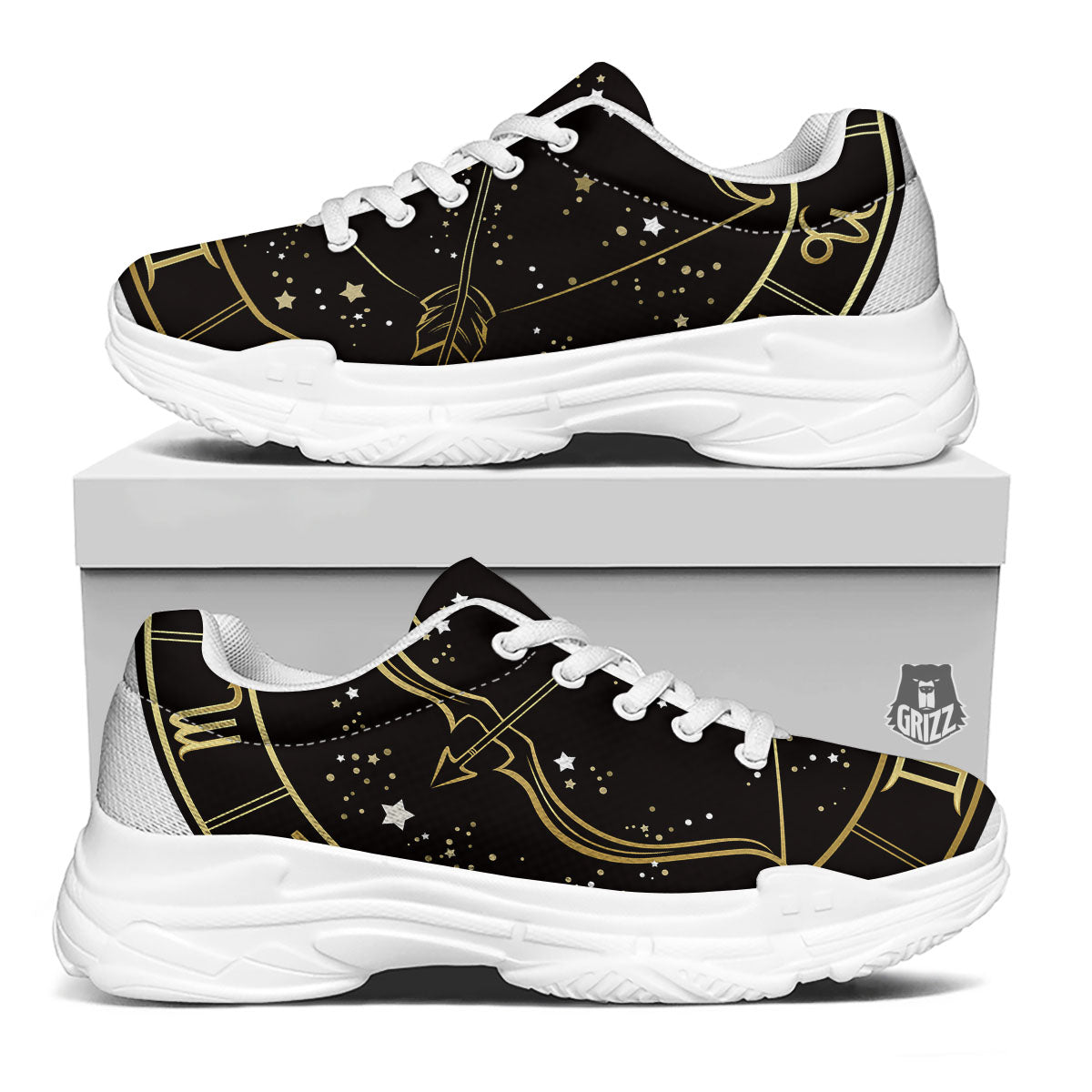 Sagittarius Sign Black And Gold Print White Chunky Shoes-grizzshop