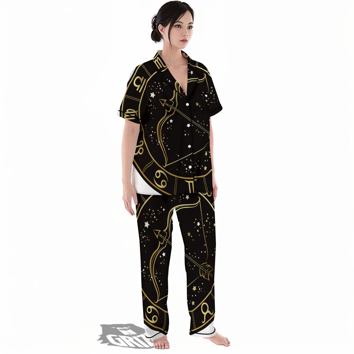 Sagittarius Sign Black And Gold Print Women's Pajamas Set-grizzshop