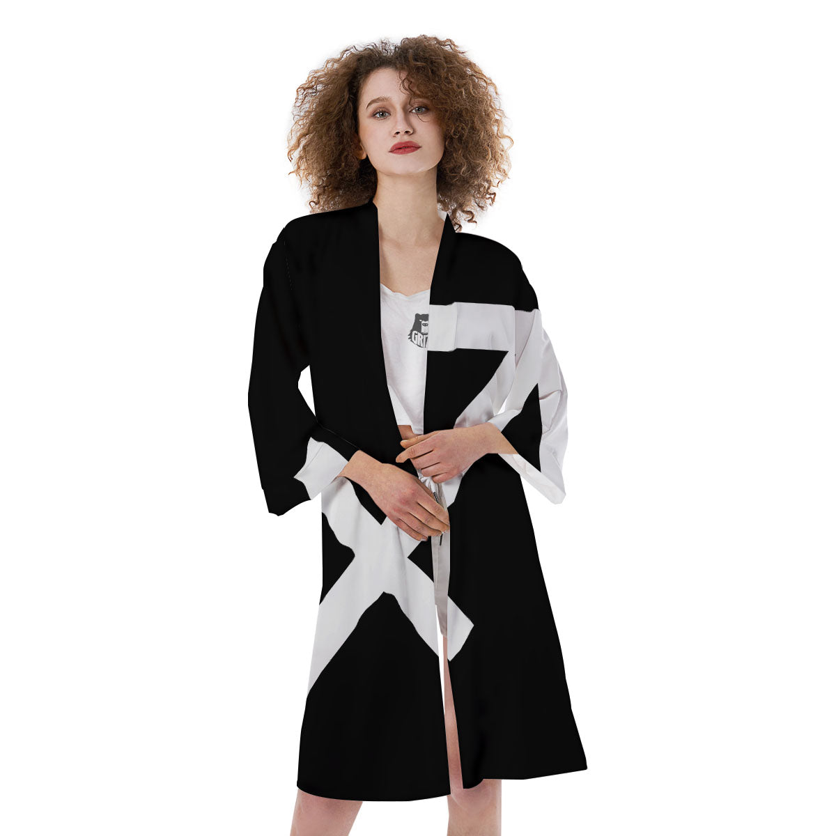 Sagittarius Sign White And Black Print Kimono-grizzshop