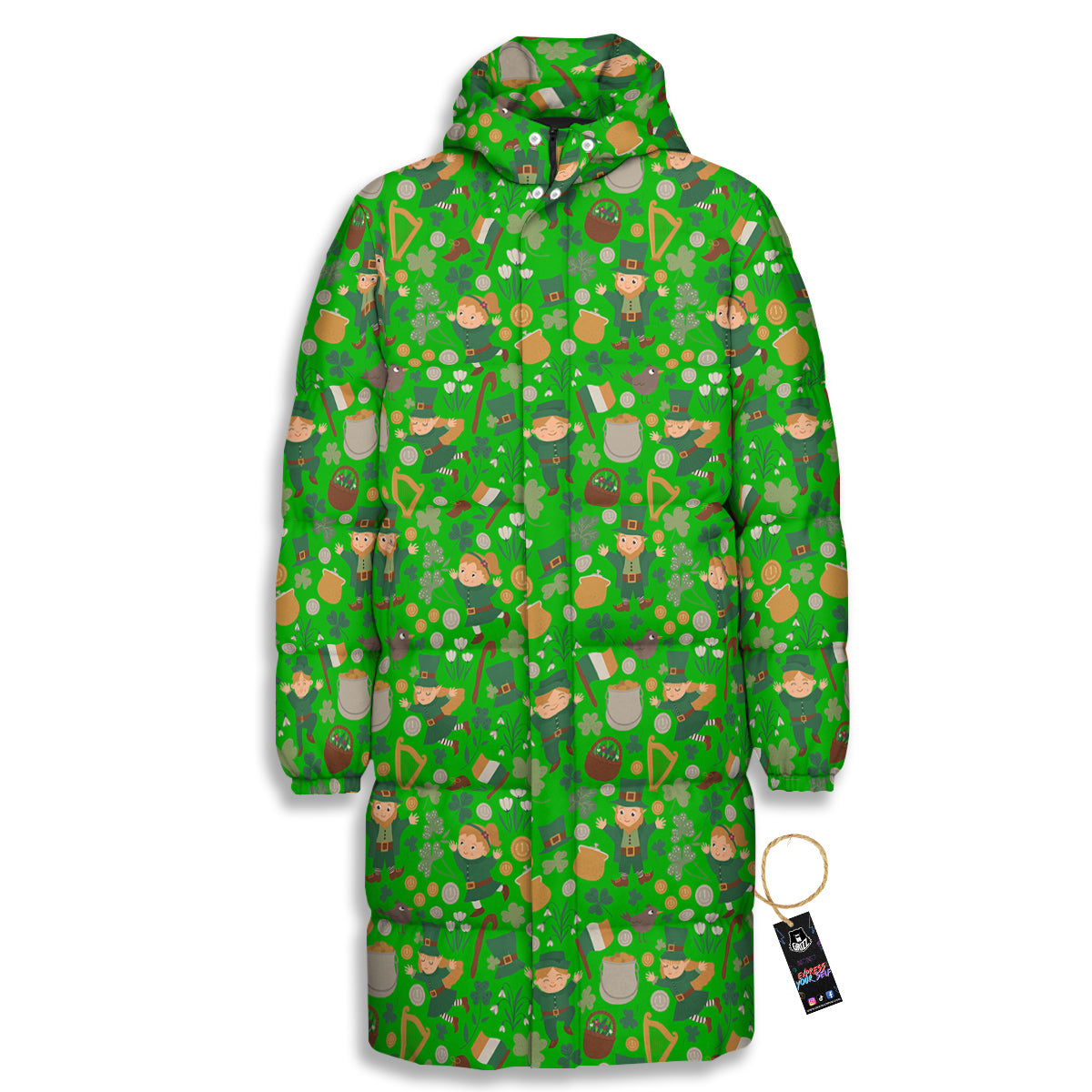 Saint Patrick's Day Cute Print Pattern Long Down Jacket-grizzshop