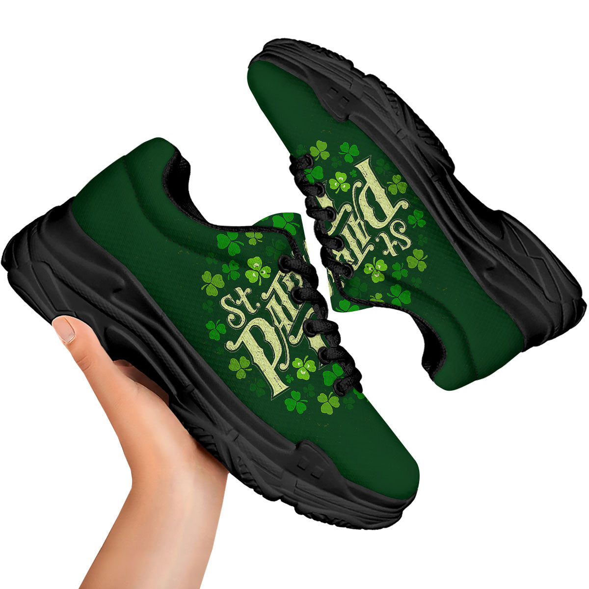 Saint Patrick's Day Green Clover Print Black Chunky Shoes-grizzshop