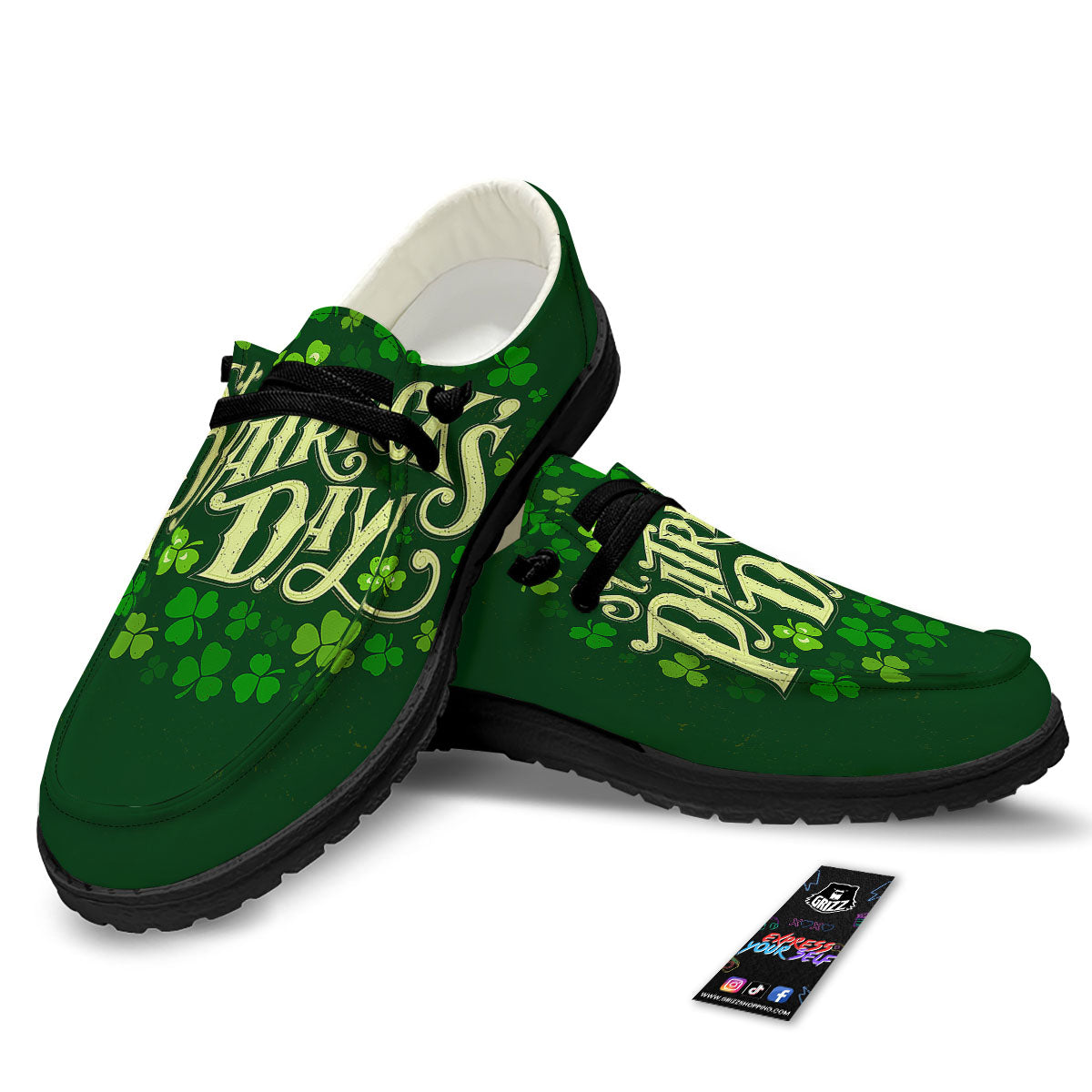 Saint Patrick's Day Green Clover Print Black Loafers-grizzshop