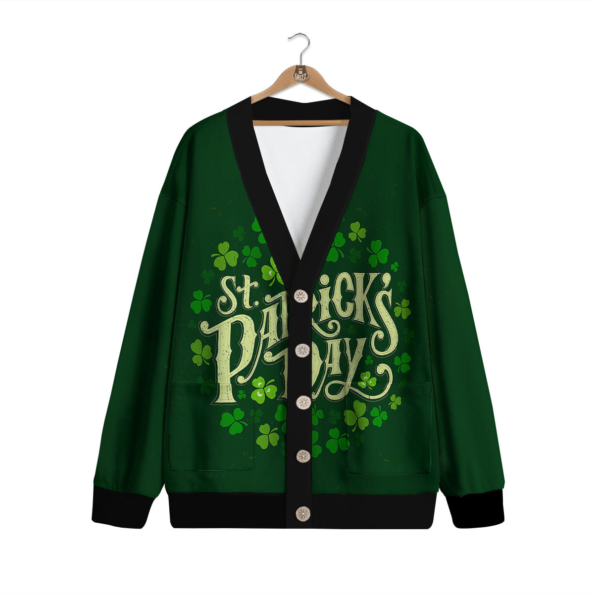 Saint Patrick's Day Green Clover Print Cardigan-grizzshop