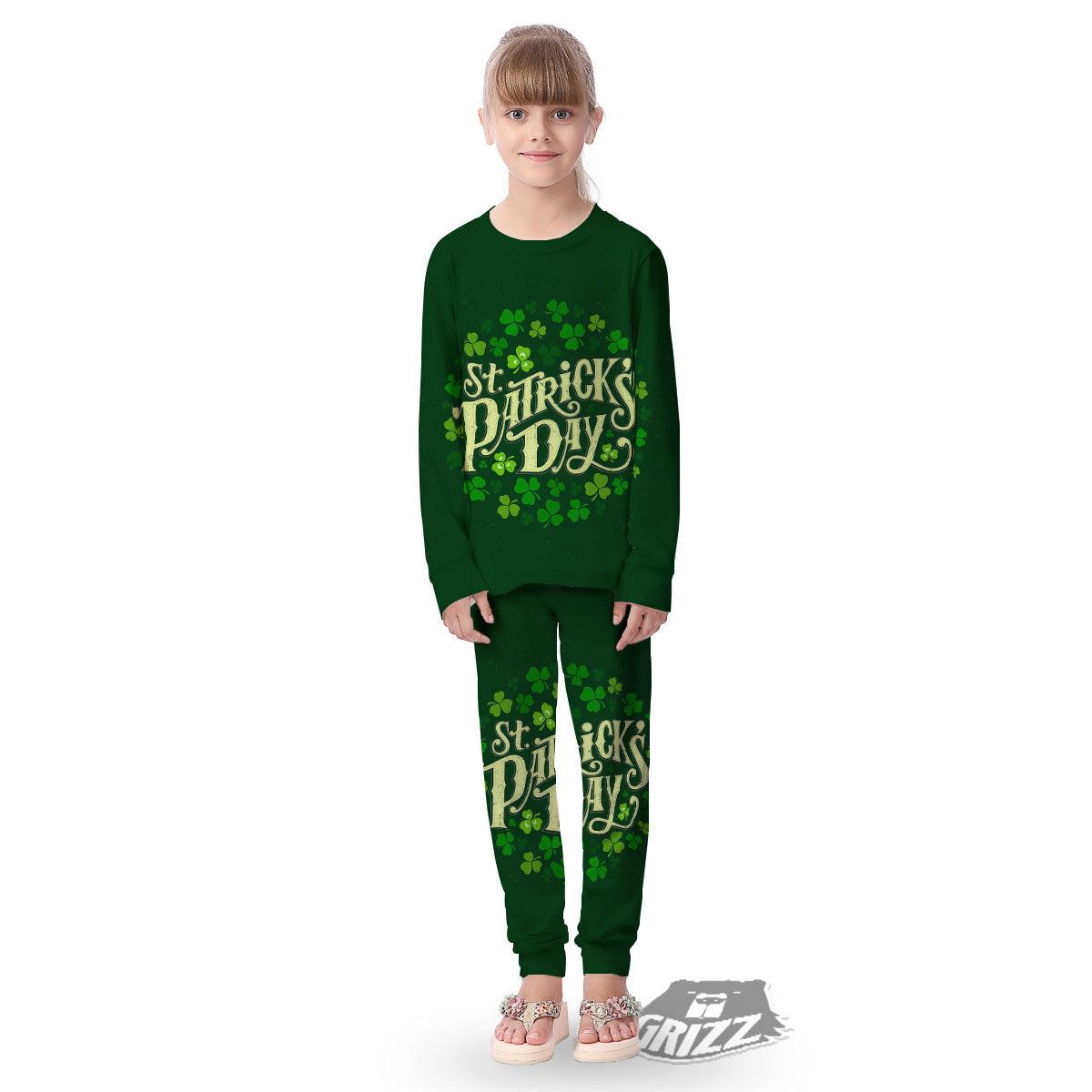 Saint Patrick's Day Green Clover Print Kid's Pajamas-grizzshop