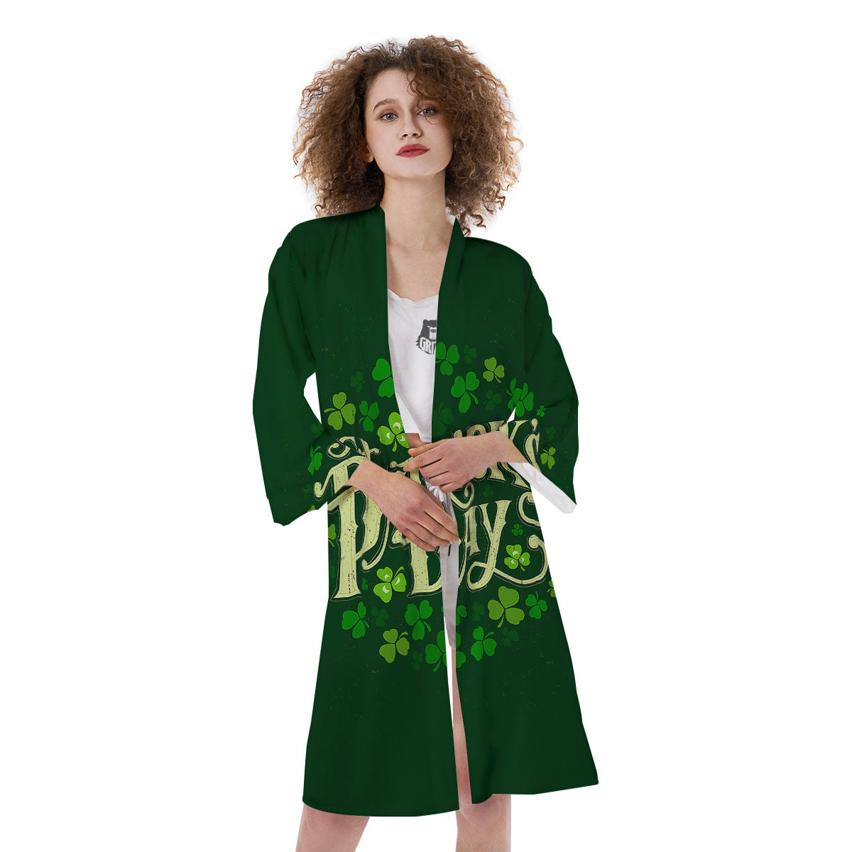 Saint Patrick's Day Green Clover Print Kimono-grizzshop