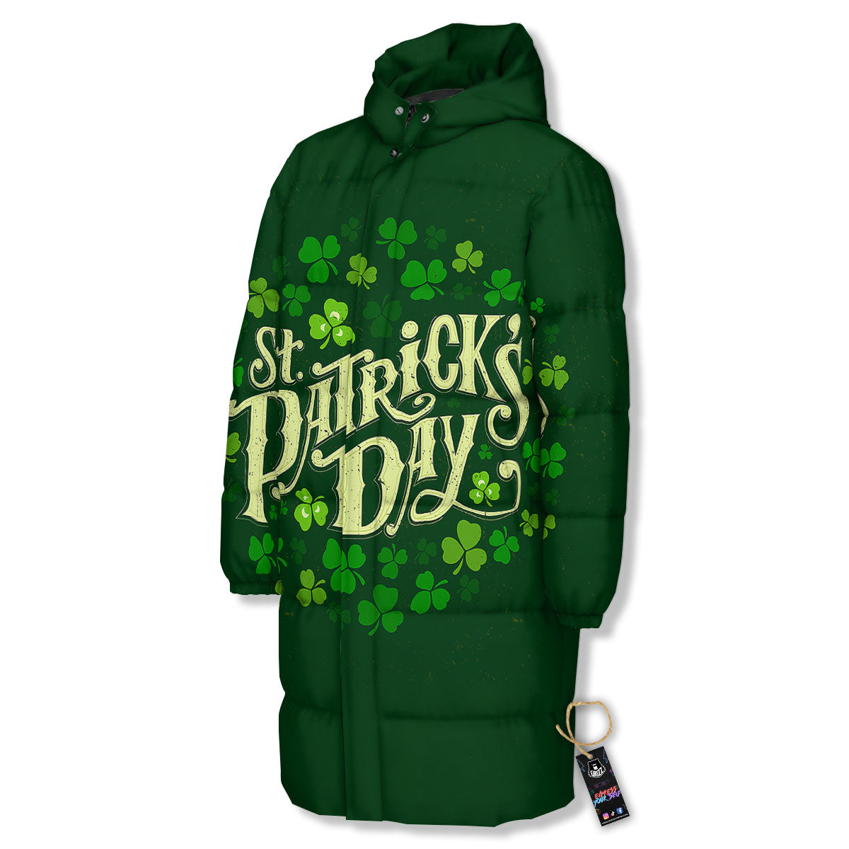 Saint Patrick's Day Green Clover Print Long Down Jacket-grizzshop