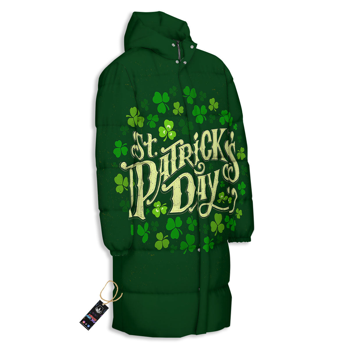 Saint Patrick's Day Green Clover Print Long Down Jacket-grizzshop