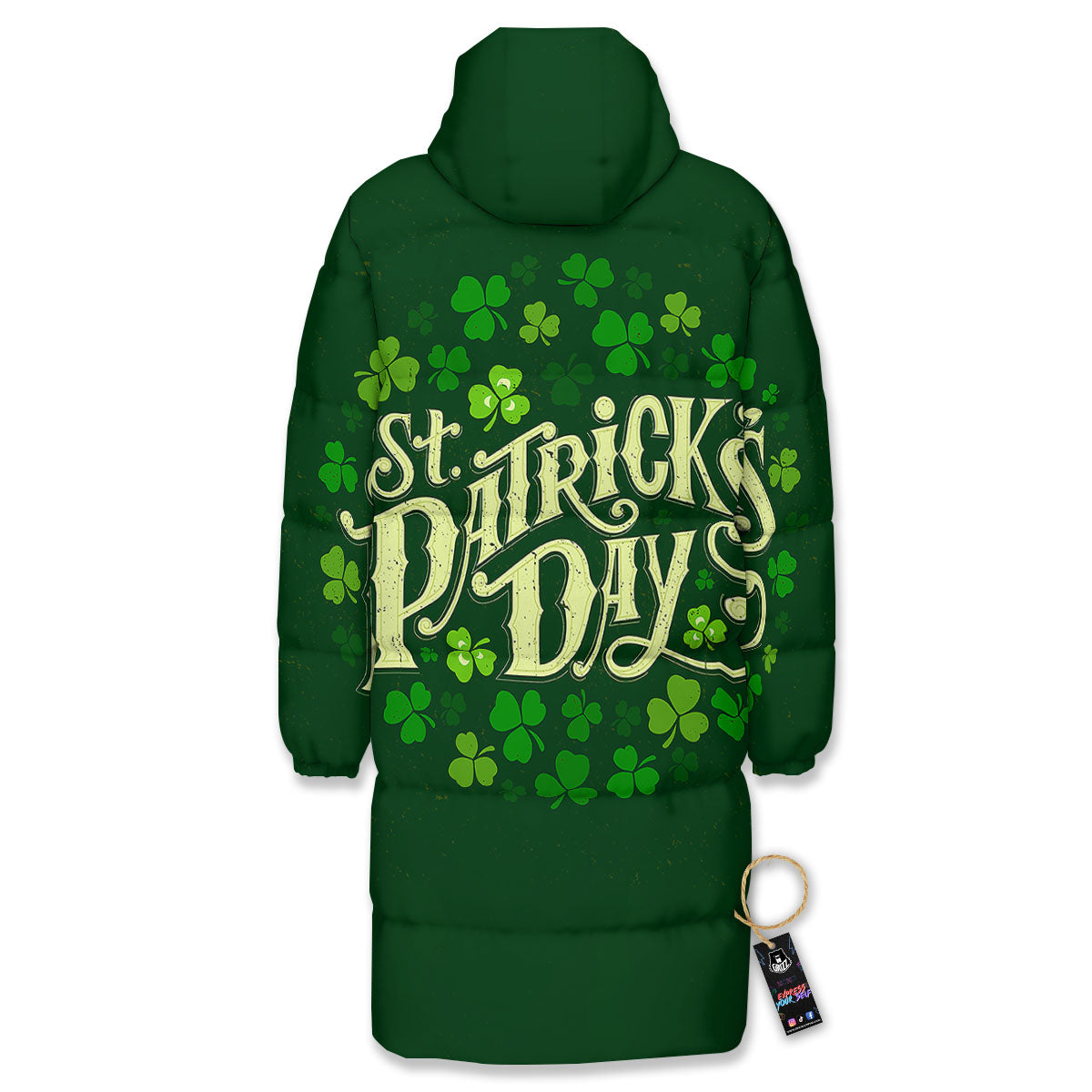 Saint Patrick's Day Green Clover Print Long Down Jacket-grizzshop